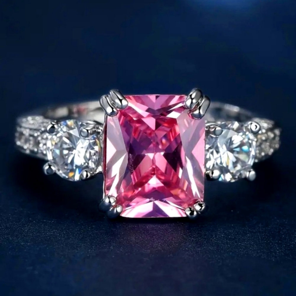 Luxury Big Crystal Pink 18K White Gold SilverCubic Zircon Love Engagement Ring